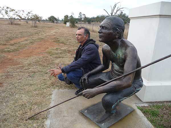 The Broze Statue of Colin Isaacs pointing to Myall Creek Memorial Site.